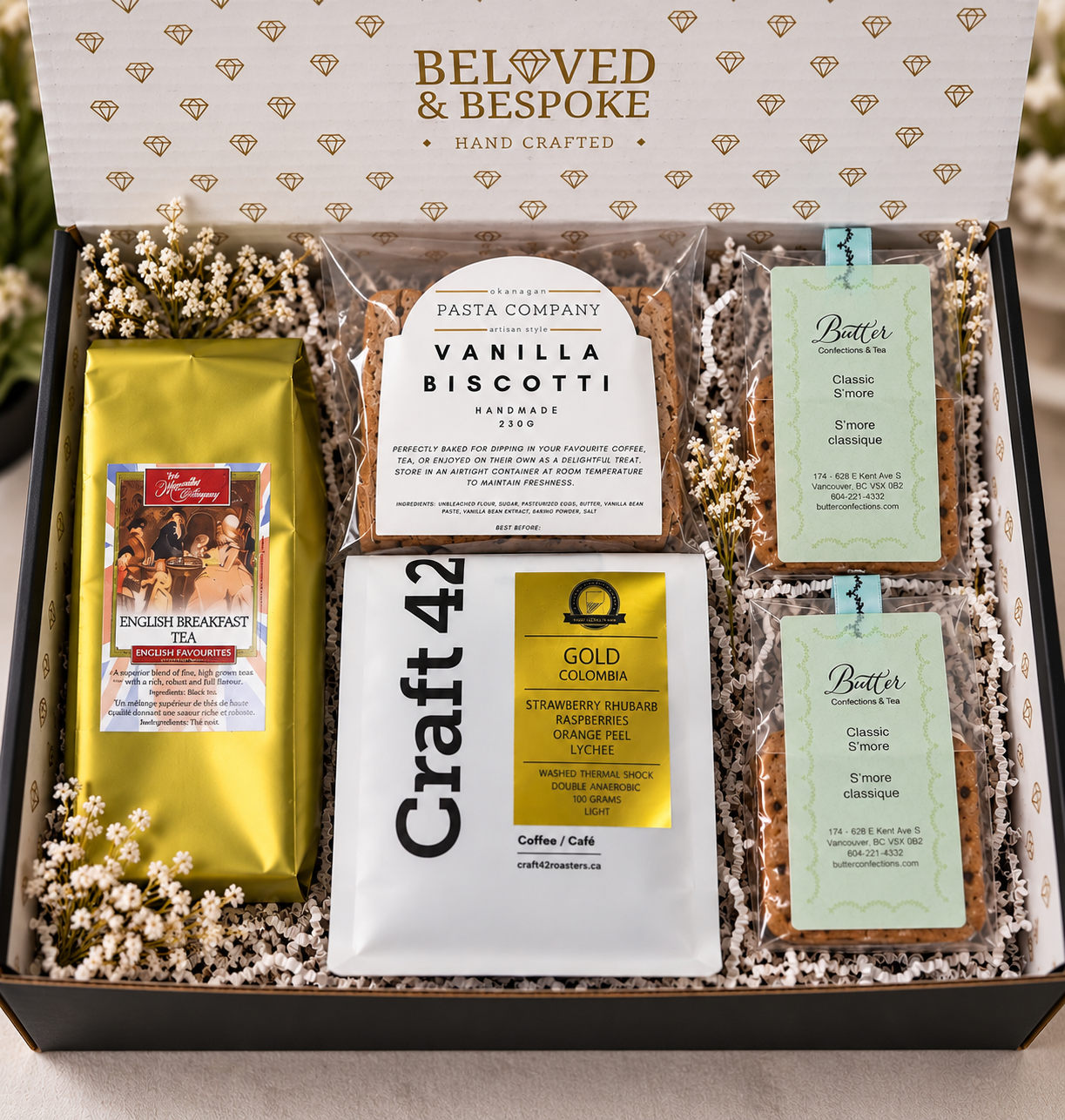 The Beloved Break Box with Craft 42 coffee, English Breakfast tea, vanilla biscotti and s'mores