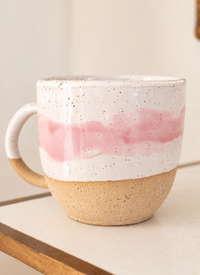 Thumbnail for Handmade speckled stoneware mug with a pink glaze band and raw clay base, by Love Co Ceramics